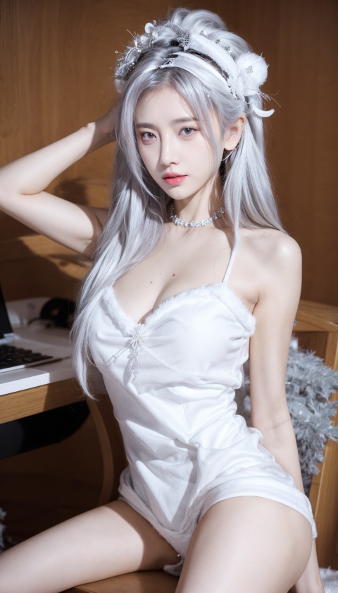 1girl, solo, masterpiece, E-sports table, Computer room, (best quality), official art, extremely White hair, white hair accessories, white feather hair accessoriesdetailed cg 8k wallpaper, (extremely delicate and beautiful), solo, realistic, photo_\(medium\), , hiqcgbody, , ,white T-Shirt,short jeans, bare thigh,youyou,yunxi, Wange_Hu_Christmas_dress