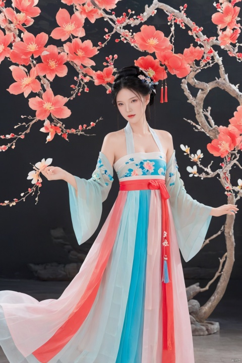  1girl, solo, flower, long hair, black hair, hair ornament, (big breasts:1.49),hair flower, blue eyes, floral print, chinese clothes, looking at viewer, detached sleeves, full body, white flower, parted lips, dress, pink flower, china dress, bare shoulders, blush, red flower, eyelashes, white dress, lips, sleeveless, parted bangs, grey background, gongzhuqie, neon_dress,huansha, glowing,lens flare,big leaf,plant, wind, chang,(big breasts:1.5), GUOFENG