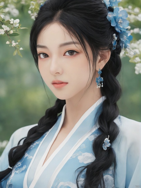  ((best quality)), ((masterpiece)), ((ultra-detailed)), extremely detailed CG, (illustration), ((detailed light)), (an extremely delicate and beautiful), a girl, solo, ((upper body,)), ((cute face)), expressionless,((upper_body:0.9)), full breasts, (medium breasts:1.2), (beautiful detailed eyes), blue eyes,black hair, shiny hair, colored inner hair, blue hair ornament, depth of field, (snowflake),daxiushan,daxiushan style,hanfu, g001, daxiushan, hanfu,MAJICMIX STYLE, MEINV,GUOFENG, HUBG_Beauty_Girl