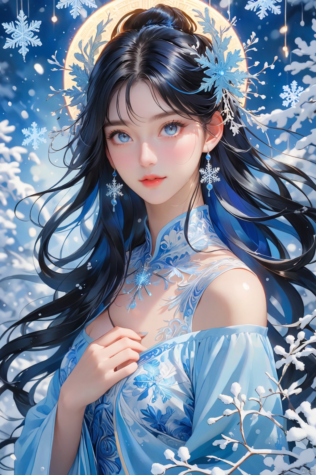  ((best quality)), ((masterpiece)), ((ultra-detailed)), extremely detailed CG, (illustration), ((detailed light)), (an extremely delicate and beautiful), MEINV,GUOFENG, 1girl, solo, ((upper body,)), ((cute face)), expressionless,((upper_body:0.9)), full breasts, (medium breasts:1.2), (beautiful detailed eyes), blue eyes,black hair, shiny hair, colored inner hair, blue hair ornament, depth of field, (snowflake),