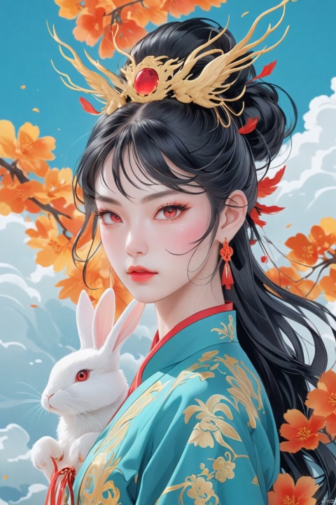 Illustration, digital art, anime style, hubggirl, red eyes, black hair, hair bun with accessories, traditional East Asian attire, rabbit ears headpiece, black and teal clothing, cloud pattern on garment, mystical, two black rabbits, one on shoulder and one in foreground, pale skin, blush on cheeks, serious expression, white background, portrait, upper body shot, artful composition, detailed line art, vibrant color contrast., HUBG_Beauty_Girl, GUOFENG