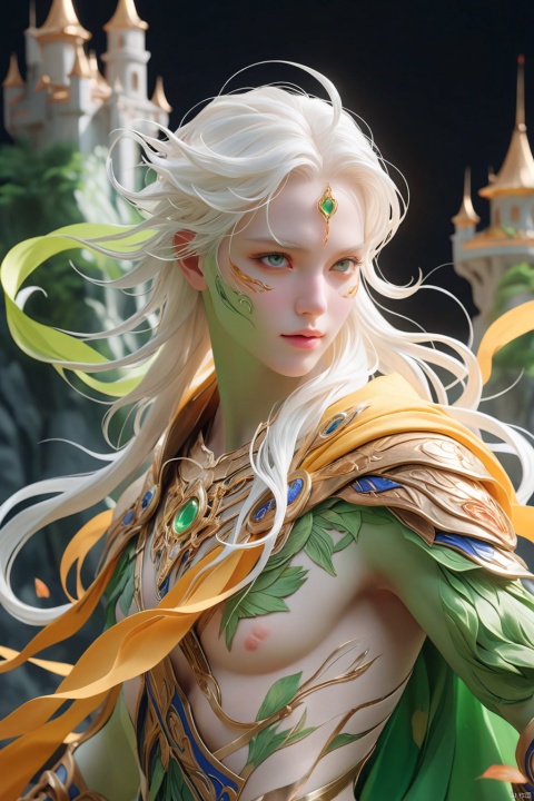 MEINV,GUOFENG, (masterpiece), perfect anatomy, intricate, (highly detailed), masterpiece, photorealistic, perfect anatomy, cinematic lighting, shading, super detailed skin, beautiful detailed eyes, best quality, ultra-detailed, (illustration), ultra-detailed, (upper body), (extremely delicate green eyes:1.3), forehead jewel, adventurer cloak, face paint, (flowing fabric in vibrant colours), (white hair:1.3), (long flowing hair), (extremely detailed fantasy design), mystical theme, castle background, spiritual landscape, dynamic pose, slight smile, shadow, contrast, refraction, perspective, depth, good anatomy, stunning details