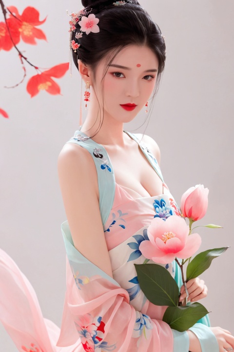 1girl, solo, flower, long hair, black hair, hair ornament, (big breasts:1.49),hair flower, blue eyes, floral print, chinese clothes, looking at viewer, detached sleeves, full body, white flower, parted lips, dress, pink flower, china dress, bare shoulders, blush, red flower, eyelashes, white dress, lips, sleeveless, parted bangs, grey background, gongzhuqie, neon_dress,huansha, glowing,lens flare,big leaf,plant, wind, chang,(big breasts:1.5),