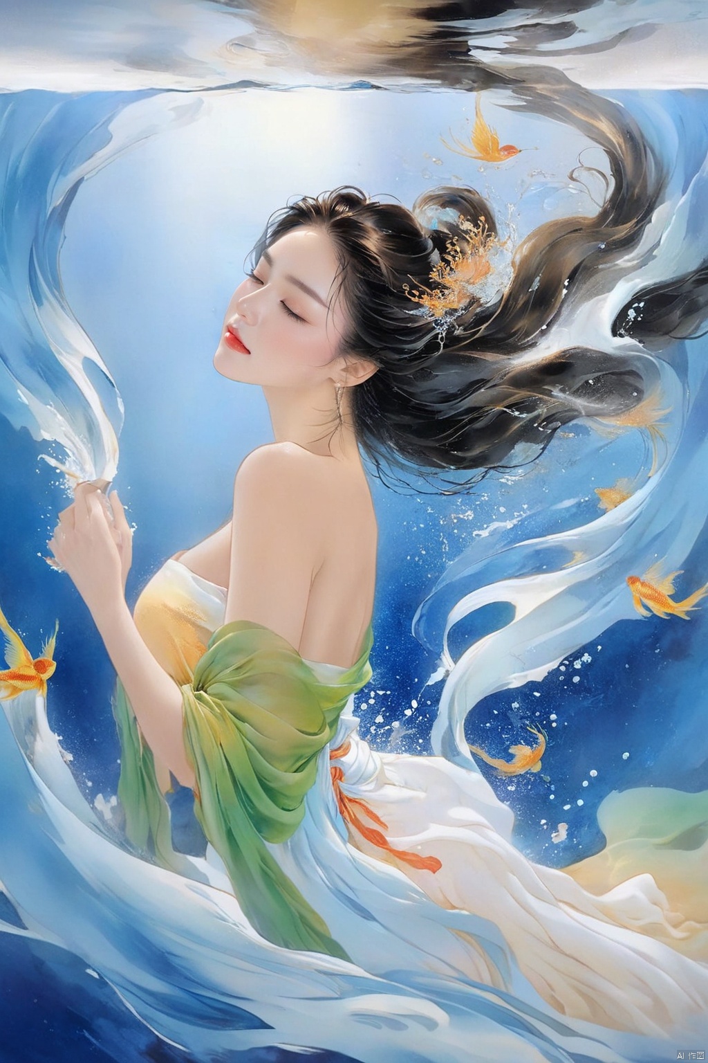  A beautiful woman was sitting in the water bathing, and the water ran down from above and poured over the woman's perfect body. Super high quality, delicate face, close-up of a woman
