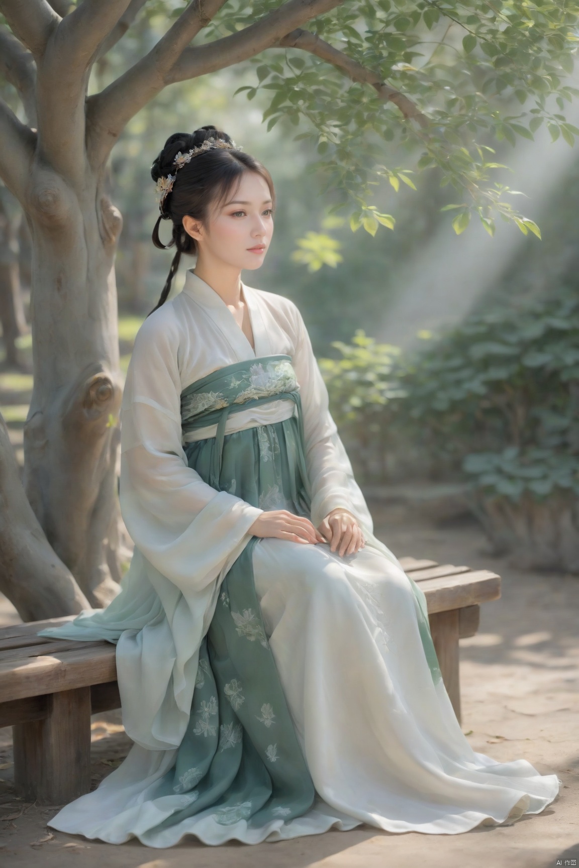  A woman in Hanfu sits on a wooden bench under an ancient tree, the leaves casting dappled shadows on her face. The sun filters through the branches, creating a pattern of light and shade that plays across her serene expression. She is lost in thought, her hands folded in her lap, as if contemplating the wisdom of the centuries-old tree., GUOFENG