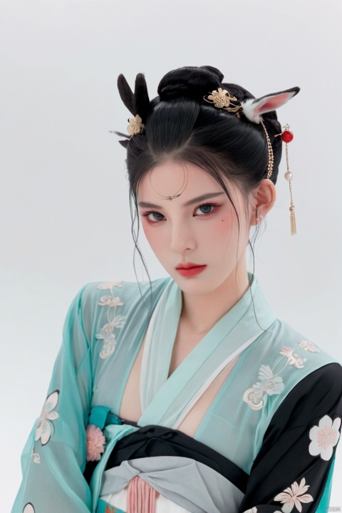  Illustration, digital art, anime style, hubggirl, red eyes, black hair, hair bun with accessories, traditional East Asian attire, black and teal clothing, cloud pattern on garment, mystical, two black rabbits, one on shoulder and one in foreground, pale skin, blush on cheeks, serious expression, white background, portrait, upper body shot, artful composition, detailed line art, vibrant color contrast., HUBG_Beauty_Girl