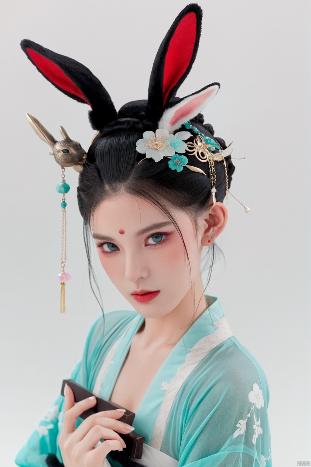  Illustration, digital art, anime style, hubggirl, red eyes, black hair, hair bun with accessories, traditional East Asian attire, rabbit ears headpiece, black and teal clothing, cloud pattern on garment, mystical, two black rabbits, one on shoulder and one in foreground, pale skin, blush on cheeks, serious expression, white background, portrait, upper body shot, artful composition, detailed line art, vibrant color contrast., HUBG_Beauty_Girl