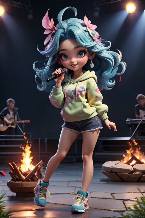  Masterpiece,highest quality,realistic,very fine and fine details,high resolution,8K,
hubg\(haixiaoqiong)\, 1girl, smile,blue hair,hair flower, 
(rock music, microphone, Hoodies, bonfires, stage, lights:1.3),