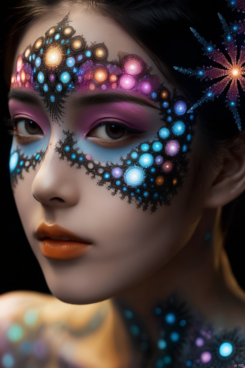 (1girl:1.3),beautiful face, Masterpiece, high quality, 1girl, extreme detailed, (fractal art:1.3), colorful, highest detailed, (chiffon, body painting:1.2), 8k, digital art, macro photo, quantum dots, sharp focus, dark shot, cinematic, Microworld, thigh, front view, 