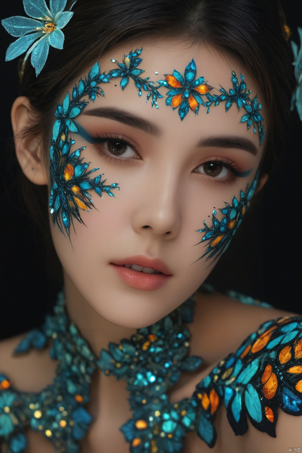 Masterpiece, high quality,  extreme detailed, (fractal art:1.3), colorful, highest detailed, (1girl,beautiful face:1.3), (chiffon, body painting:1.2), 8k, digital art, macro photo, quantum dots, sharp focus, dark shot, cinematic, Microworld, thigh, front view, hubg_jsnh