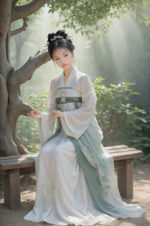  A woman in Hanfu sits on a wooden bench under an ancient tree, the leaves casting dappled shadows on her face. The sun filters through the branches, creating a pattern of light and shade that plays across her serene expression. She is lost in thought, her hands folded in her lap, as if contemplating the wisdom of the centuries-old tree., GUOFENG