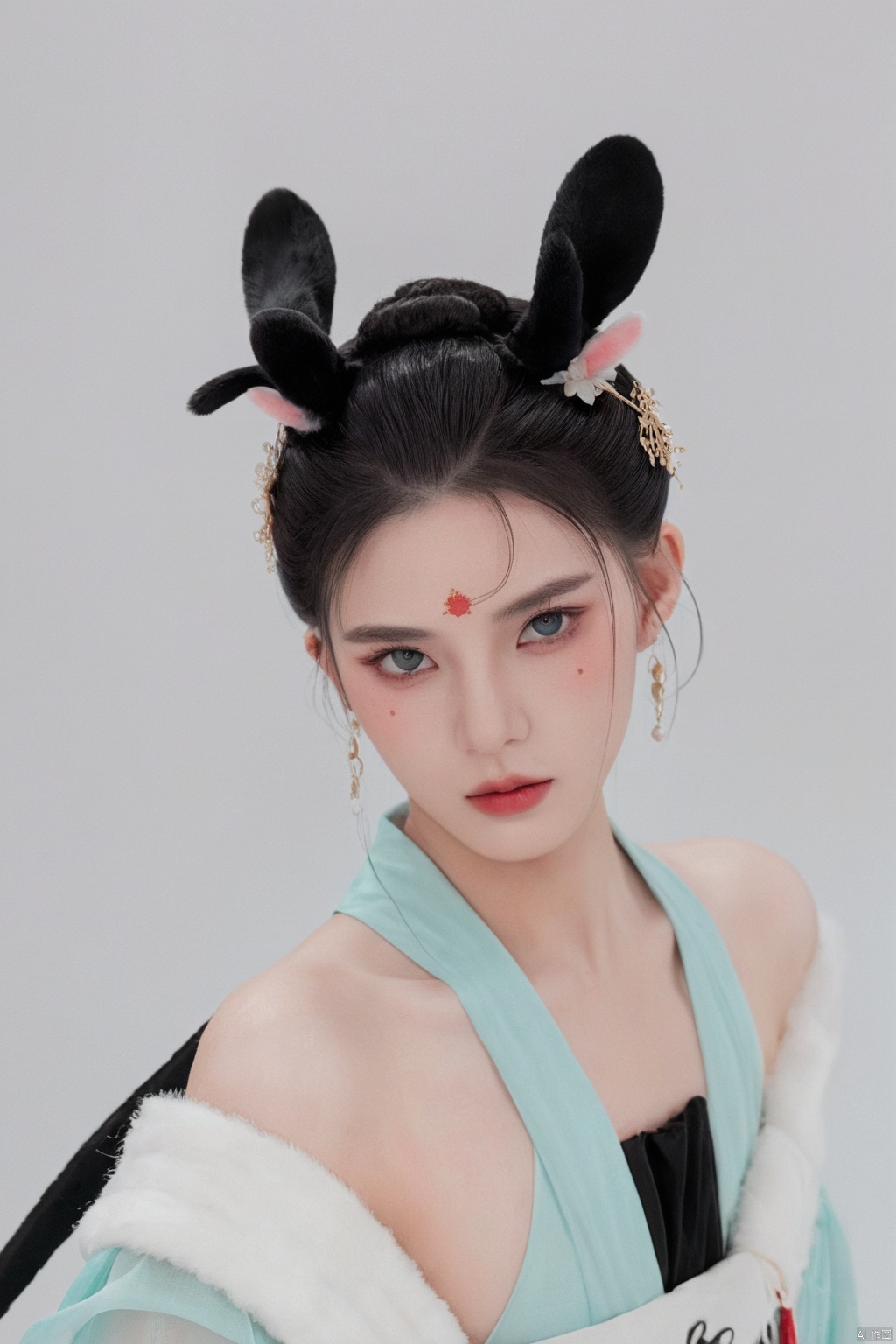  Illustration, digital art, anime style, hubggirl, red eyes, black hair, hair bun with accessories, traditional East Asian attire, rabbit ears headpiece, black and teal clothing, cloud pattern on garment, mystical, two black rabbits, one on shoulder and one in foreground, pale skin, blush on cheeks, serious expression, white background, portrait, upper body shot, artful composition, detailed line art, vibrant color contrast., HUBG_Beauty_Girl