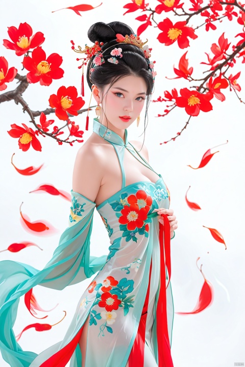 1girl, solo, flower, long hair, black hair, hair ornament, (big breasts:1.49),hair flower, blue eyes, floral print, chinese clothes, looking at viewer, detached sleeves, full body, white flower, parted lips, dress, pink flower, china dress, bare shoulders, blush, red flower, eyelashes, white dress, lips, sleeveless, parted bangs, grey background, gongzhuqie, neon_dress,huansha, glowing,lens flare,big leaf,plant, wind, chang,(big breasts:1.5), GUOFENG