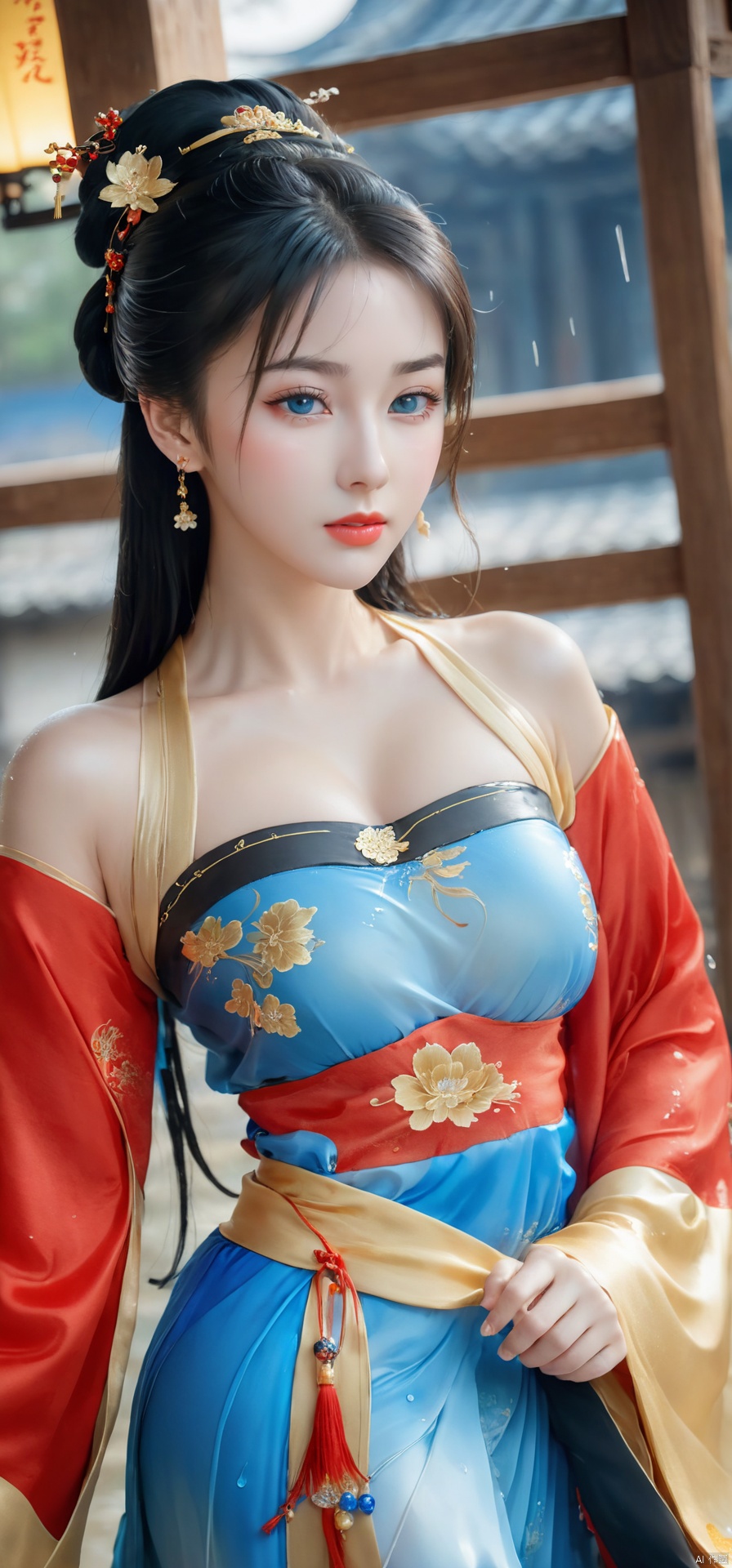  1girl,(((face focus))),black and gold,****_female,standing,red,black,daxiushan,daxiushan style,hanfu,
((upper_body:0.7)),full breasts, (((larger breasts:1.2))),long hair,blue eyes,Redlips,red lipstick,Colored pupil,earrings,jewelry, shiny skin, 
(china jiangnan water town style),water, wet, 
masterpiece, best quality,depth of field, cinematic composition, best lighting,light master,RAW photo, dslr, film grain, Fujifilm XT3, night shot, light master, chinese woman,moyou, hanfu, GUOFENG, jastyle,fangfang, Japanese Girl - SDXL