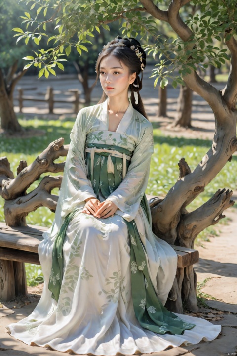  A woman in Hanfu sits on a wooden bench under an ancient tree, the leaves casting dappled shadows on her face. The sun filters through the branches, creating a pattern of light and shade that plays across her serene expression. She is lost in thought, her hands folded in her lap, as if contemplating the wisdom of the centuries-old tree., GUOFENG