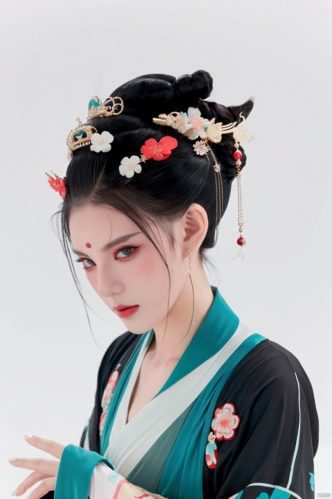  Illustration, digital art, anime style, hubggirl, red eyes, black hair, hair bun with accessories, traditional East Asian attire, black and teal clothing, cloud pattern on garment, mystical, large breats,one on shoulder and one in foreground, pale skin, blush on cheeks, serious expression, white background, portrait, upper body shot, artful composition, detailed line art, vibrant color contrast., HUBG_Beauty_Girl