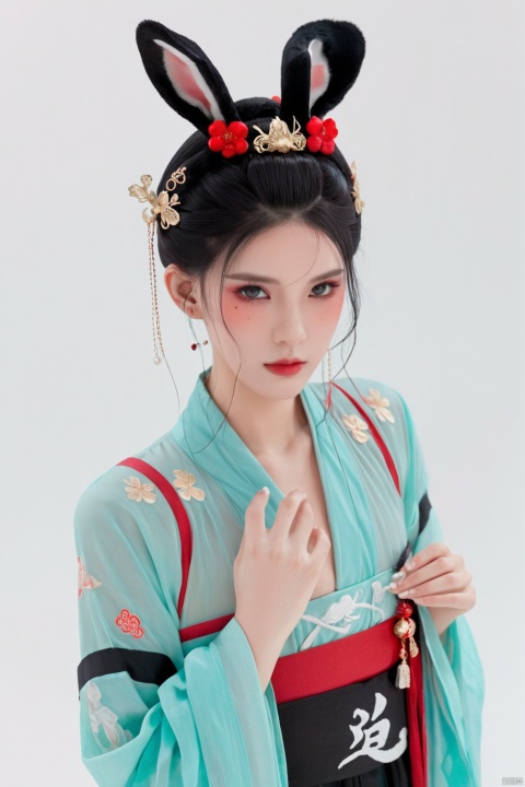  Illustration, digital art, anime style, hubggirl, red eyes, black hair, hair bun with accessories, traditional East Asian attire, rabbit ears headpiece, black and teal clothing, cloud pattern on garment, mystical, two black rabbits, one on shoulder and one in foreground, pale skin, blush on cheeks, serious expression, white background, portrait, upper body shot, artful composition, detailed line art, vibrant color contrast., HUBG_Beauty_Girl