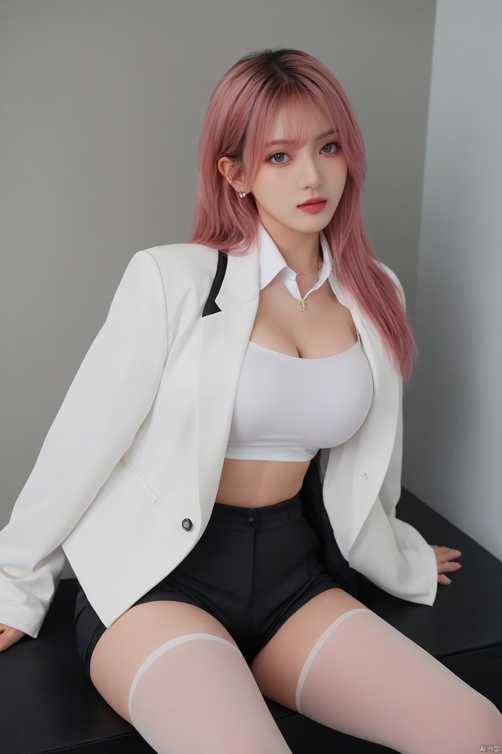 ((best quality)), ((masterpiece)), ((ultra-detailed)), (ultra realistic,best quality),photorealistic,Extremely Realistic, extremely detailed,  ((detailed light)), (an extremely delicate and beautiful), 1girl, solo, long hair,  large breasts, 
sitting, jacket, white shirt, pink hair, pantyhose, shorts, pink eyes, thigh strap, black shorts, high-waist shorts, HUBG_Beauty_Girl