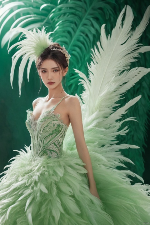 Illustration, digital art, anime style, 1girl,a gorgeous long dress made of feathers,green feather,huge feathers,complex background,beautiful background,(feathers everywhere:1.3),depth of field level,