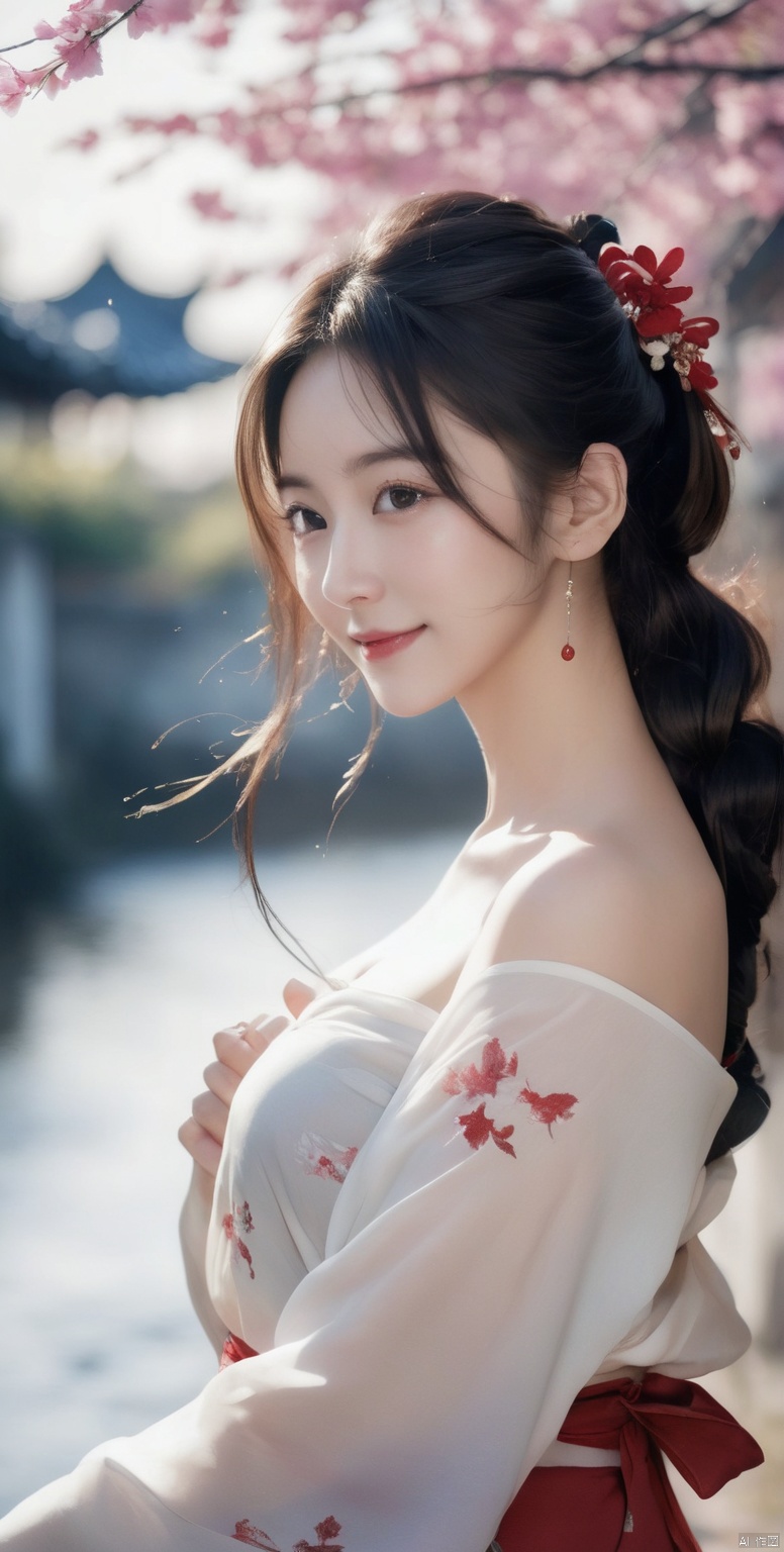  1girl, ((upper_body:0.9)), full breasts, (larger breasts:1.2), looking at viewer, messy hair, necklace, earings, jewelry, realistic, RAW photo, dslr, film grain, Fujifilm XT3, night shot, 1girl, goddess girl , (curly hair, long hair), (thigh, off shoulder:1.2), ([:see-through:4]:1.4) (red floral print hanfu:1.3), hanfu, pencil skirt, black pantyhose, (deserted street:1.3), Backlit, Bokeh, Contrast Filters, (smile:0.8), looking at viewer, (china jiangnan water town style:1.1), water, wet, light master,Hosino,(big breasts:1.3), GUOFENG, Japanese Girl - SDXL