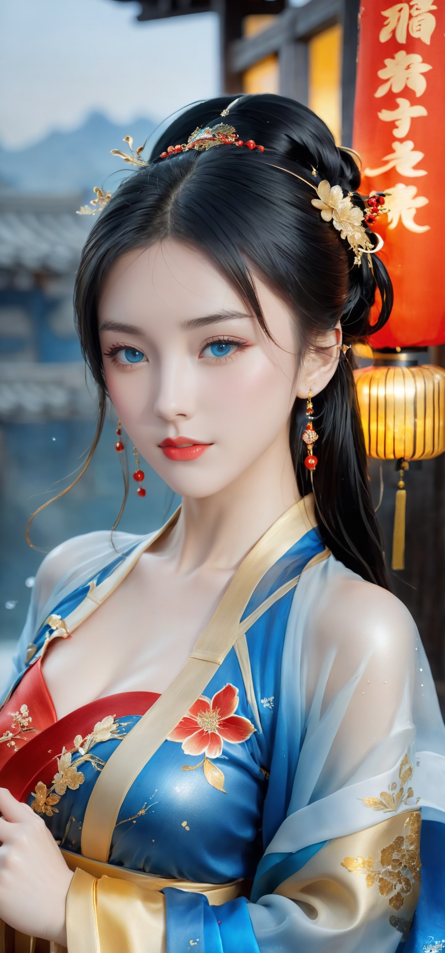  1girl,(((face focus))),black and gold,****_female,standing,red,black,daxiushan,daxiushan style,hanfu,
((upper_body:0.7)),full breasts, (((larger breasts:1.2))),long hair,blue eyes,Redlips,red lipstick,Colored pupil,earrings,jewelry, shiny skin, 
(china jiangnan water town style),water, wet, 
masterpiece, best quality,depth of field, cinematic composition, best lighting,light master,RAW photo, dslr, film grain, Fujifilm XT3, night shot, light master, chinese woman,moyou, hanfu, GUOFENG, jastyle,fangfang, Japanese Girl - SDXL
