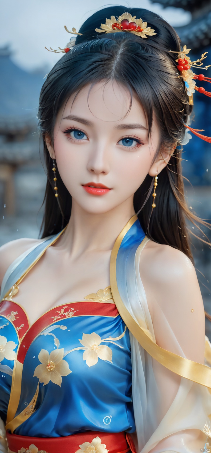  1girl,(((face focus))),black and gold,****_female,standing,red,black,daxiushan,daxiushan style,hanfu,
((upper_body:0.7)),full breasts, (((larger breasts:1.2))),long hair,blue eyes,Redlips,red lipstick,Colored pupil,earrings,jewelry, shiny skin, 
(china jiangnan water town style),water, wet, 
masterpiece, best quality,depth of field, cinematic composition, best lighting,light master,RAW photo, dslr, film grain, Fujifilm XT3, night shot, light master, chinese woman,moyou, hanfu, GUOFENG, jastyle,fangfang, Japanese Girl - SDXL