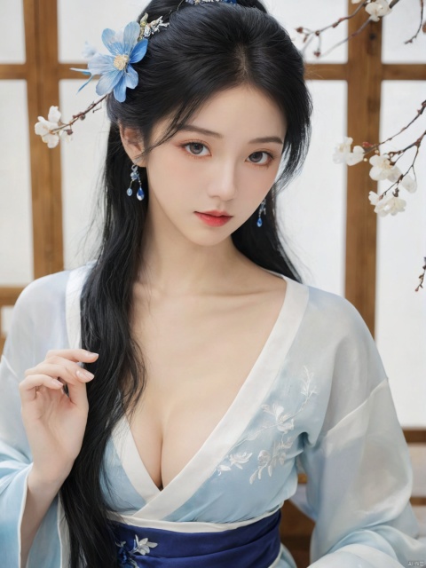  ((best quality)), ((masterpiece)), ((ultra-detailed)), extremely detailed CG, (illustration), ((detailed light)), (an extremely delicate and beautiful), a girl, solo, ((upper body,)), ((cute face)), expressionless,((upper_body:0.9)), full breasts, (medium breasts:1.2), (beautiful detailed eyes), blue eyes,black hair, shiny hair, colored inner hair, blue hair ornament, depth of field, (snowflake),daxiushan,daxiushan style,hanfu, g001, daxiushan, hanfu,MAJICMIX STYLE, MEINV,GUOFENG, HUBG_Beauty_Girl