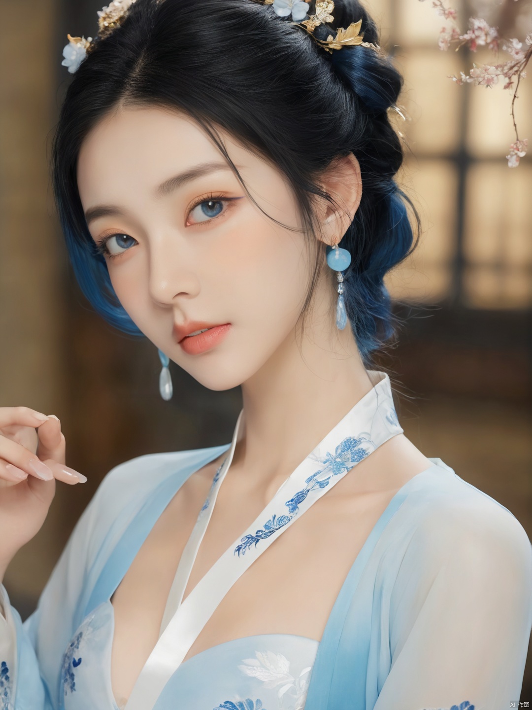  ((best quality)), ((masterpiece)), ((ultra-detailed)), extremely detailed CG, (illustration), ((detailed light)), (an extremely delicate and beautiful), a girl, solo, ((upper body,)), ((cute face)), expressionless,((upper_body:0.9)), full breasts, (medium breasts:1.2), (beautiful detailed eyes), blue eyes,black hair, shiny hair, colored inner hair, blue hair ornament, depth of field, (snowflake),daxiushan,daxiushan style,hanfu, g001, daxiushan, hanfu,MAJICMIX STYLE, MEINV,GUOFENG, HUBG_Beauty_Girl