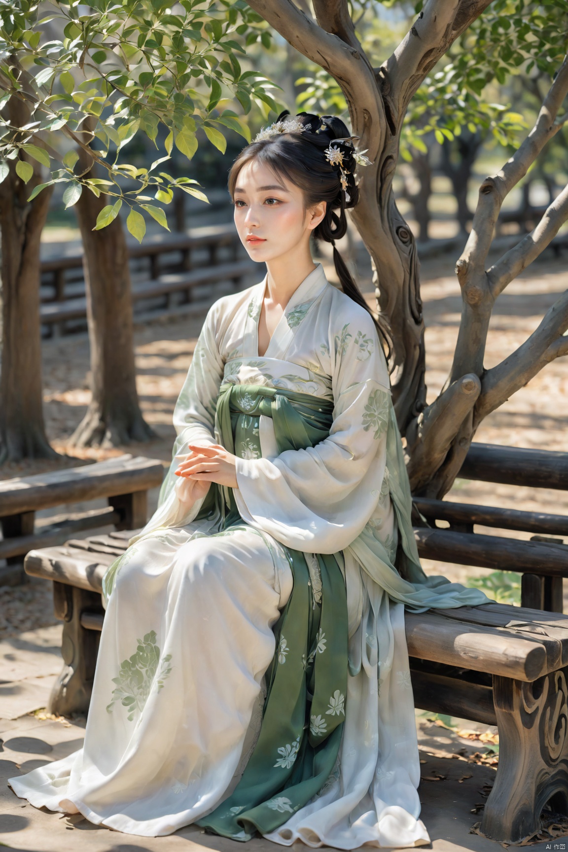 A woman in Hanfu sits on a wooden bench under an ancient tree, the leaves casting dappled shadows on her face. The sun filters through the branches, creating a pattern of light and shade that plays across her serene expression. She is lost in thought, her hands folded in her lap, as if contemplating the wisdom of the centuries-old tree., GUOFENG