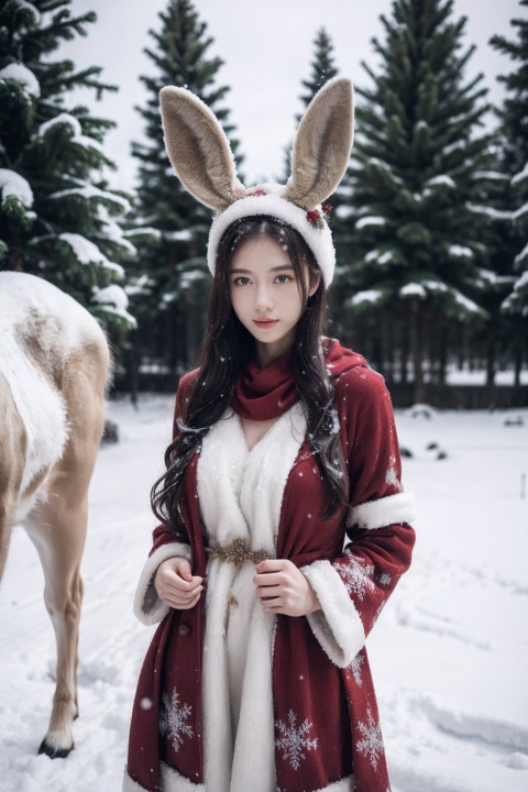  (Masterpiece), (Ultra High Resolution), a girl stands in front of a gentle reindeer. (Upper body), cloak, (snow, winter outdoor activities: 1.2), surreal photography, fantasy, bright natural light

,MiJu,Wange_Hu_Christmas_dress