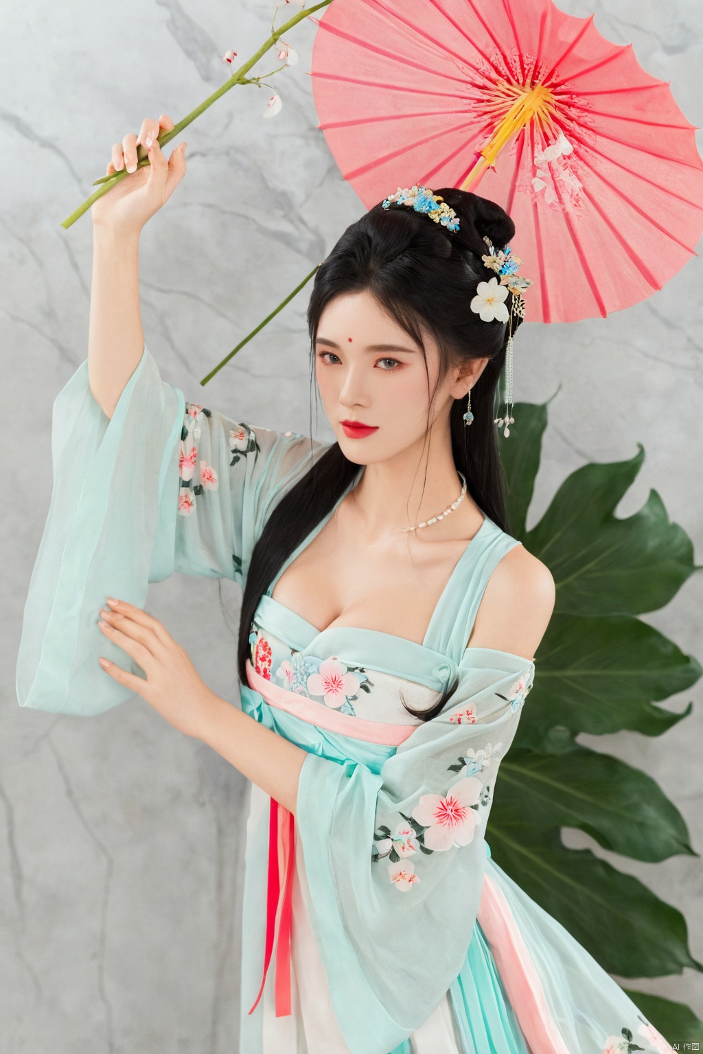 1girl, solo, flower, long hair, black hair, hair ornament, (big breasts:1.49),hair flower, blue eyes, floral print, chinese clothes, looking at viewer, detached sleeves, full body, white flower, parted lips, dress, pink flower, china dress, bare shoulders, blush, red flower, eyelashes, white dress, lips, sleeveless, parted bangs, grey background, gongzhuqie, neon_dress,huansha, glowing,lens flare,big leaf,plant, wind, chang,(big breasts:1.5),