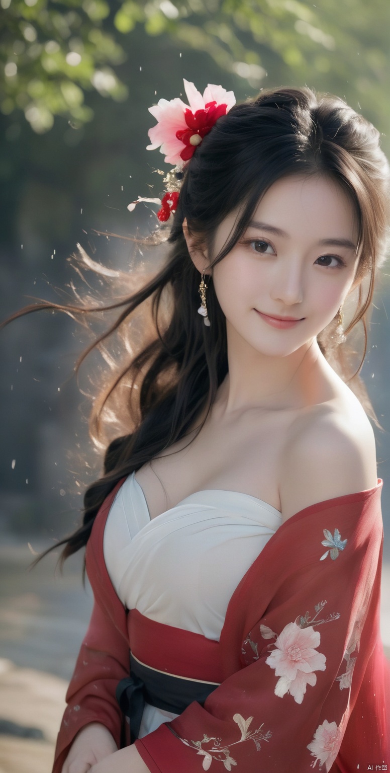  1girl, ((upper_body:0.9)), full breasts, (larger breasts:1.2), looking at viewer, messy hair, necklace, earings, jewelry, realistic, RAW photo, dslr, film grain, Fujifilm XT3, night shot, 1girl, goddess girl , (curly hair, long hair), (thigh, off shoulder:1.2), ([:see-through:4]:1.4) (red floral print hanfu:1.3), hanfu, pencil skirt, black pantyhose, (deserted street:1.3), Backlit, Bokeh, Contrast Filters, (smile:0.8), looking at viewer, (china jiangnan water town style:1.1), water, wet, light master,Hosino,(big breasts:1.3), GUOFENG, Japanese Girl - SDXL
