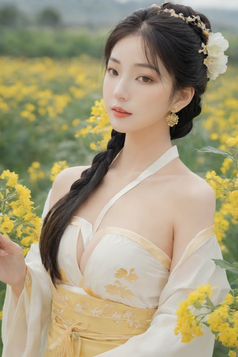 Enhanced, masterpiece, 16K, girl, Solo, Flower Field, rape flower, hair ornament, hanfu,(big breasts:1.36)MEINV,GUOFENG