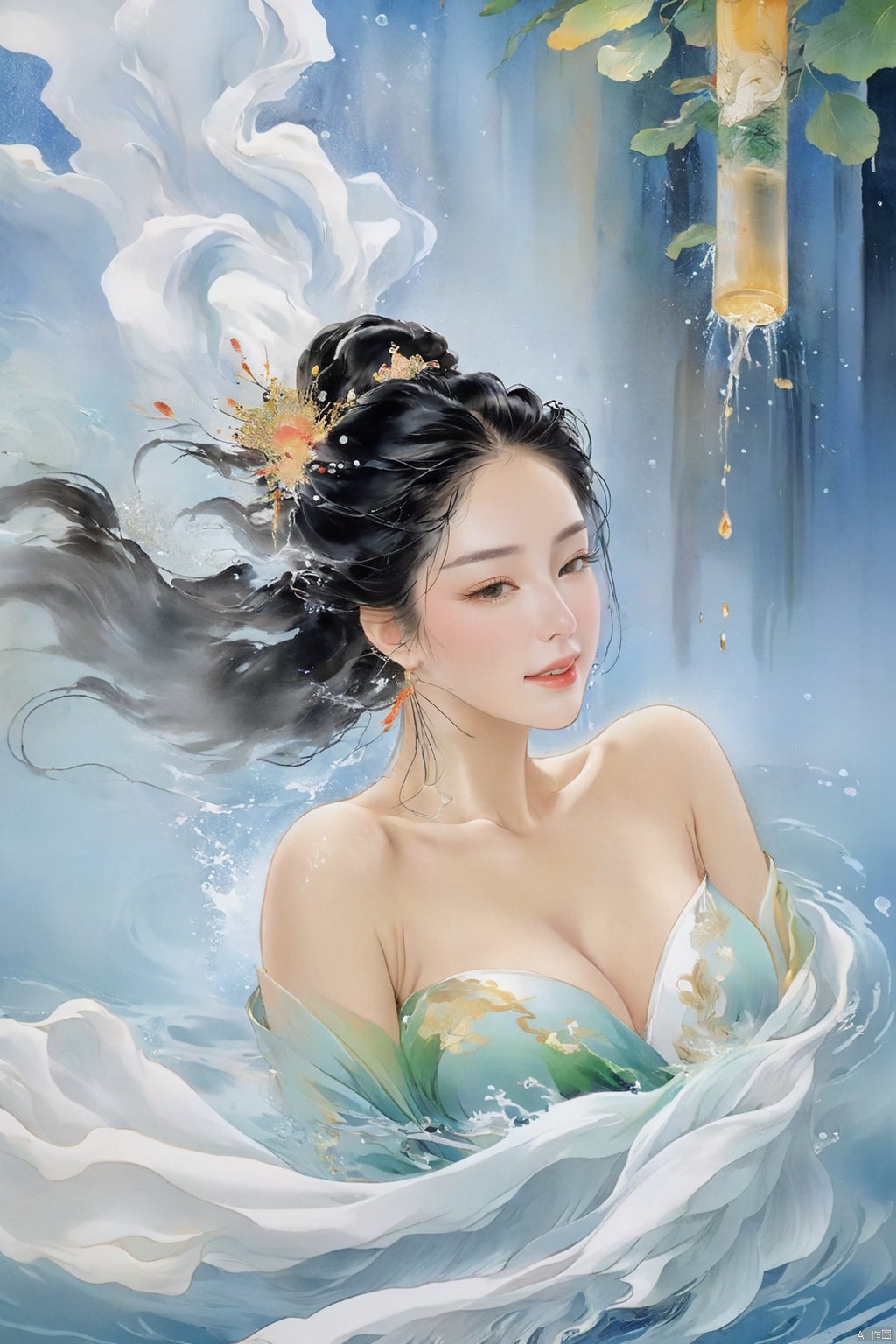  A beautiful woman was sitting in the water bathing, and the water ran down from above and poured over the woman's perfect body. Super high quality, delicate face, close-up of a woman
