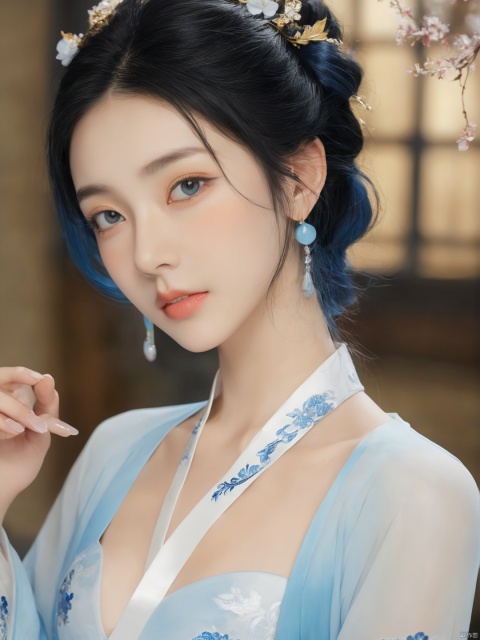  ((best quality)), ((masterpiece)), ((ultra-detailed)), extremely detailed CG, (illustration), ((detailed light)), (an extremely delicate and beautiful), a girl, solo, ((upper body,)), ((cute face)), expressionless,((upper_body:0.9)), full breasts, (medium breasts:1.2), (beautiful detailed eyes), blue eyes,black hair, shiny hair, colored inner hair, blue hair ornament, depth of field, (snowflake),daxiushan,daxiushan style,hanfu, g001, daxiushan, hanfu,MAJICMIX STYLE, MEINV,GUOFENG, HUBG_Beauty_Girl