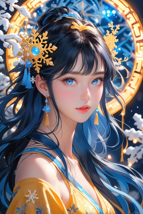  ((best quality)), ((masterpiece)), ((ultra-detailed)), extremely detailed CG, (illustration), ((detailed light)), (an extremely delicate and beautiful), MEINV,GUOFENG, 1girl, solo, ((upper body,)), ((cute face)), expressionless,((upper_body:0.9)), full breasts, (medium breasts:1.2), (beautiful detailed eyes), blue eyes,black hair, shiny hair, colored inner hair, blue hair ornament, depth of field, (snowflake),