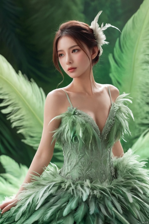  Illustration, digital art, anime style, 1girl,a gorgeous long dress made of feathers,green feather,huge feathers,complex background,beautiful background,(feathers everywhere:1.3),depth of field level,