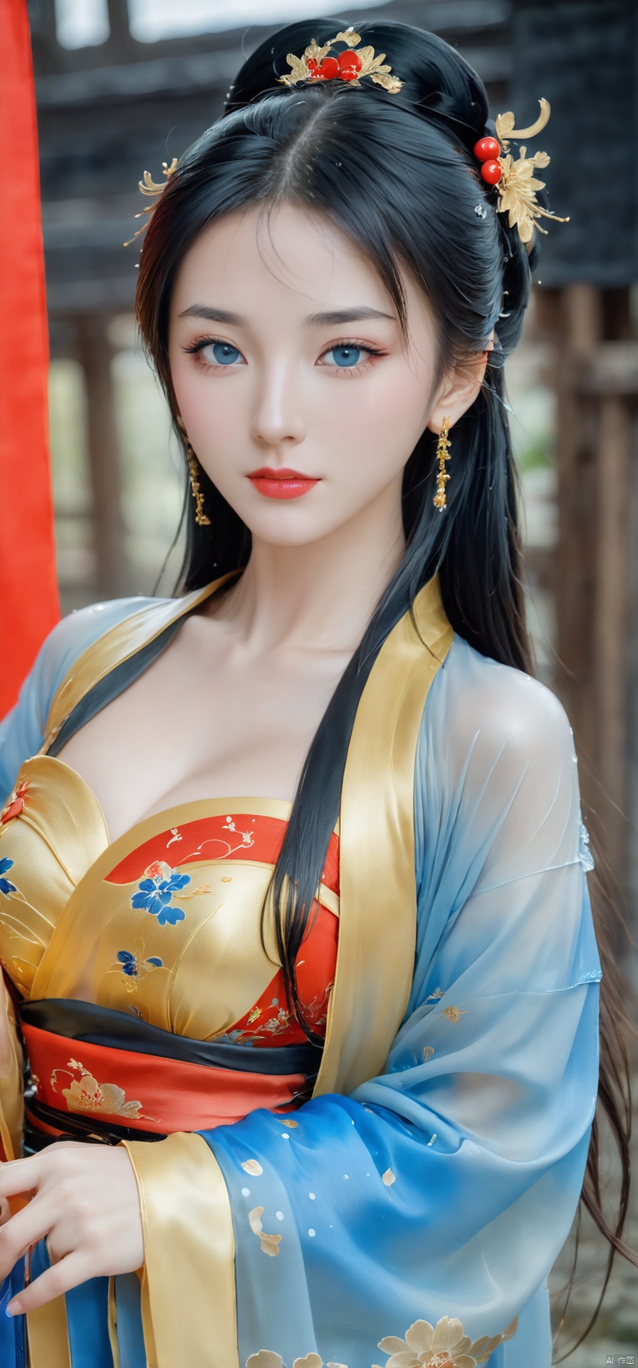  1girl,(((face focus))),black and gold,****_female,standing,red,black,daxiushan,daxiushan style,hanfu,
((upper_body:0.7)),full breasts, (((larger breasts:1.2))),long hair,blue eyes,Redlips,red lipstick,Colored pupil,earrings,jewelry, shiny skin, 
(china jiangnan water town style),water, wet, 
masterpiece, best quality,depth of field, cinematic composition, best lighting,light master,RAW photo, dslr, film grain, Fujifilm XT3, night shot, light master, chinese woman,moyou, hanfu, GUOFENG, jastyle,fangfang, Japanese Girl - SDXL