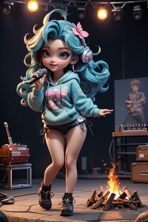  Masterpiece,highest quality,realistic,very fine and fine details,high resolution,8K,
hubg\(haixiaoqiong)\, 1girl, smile,blue hair,hair flower, 
(rock music, microphone, Hoodies, bonfires, stage, lights:1.3),