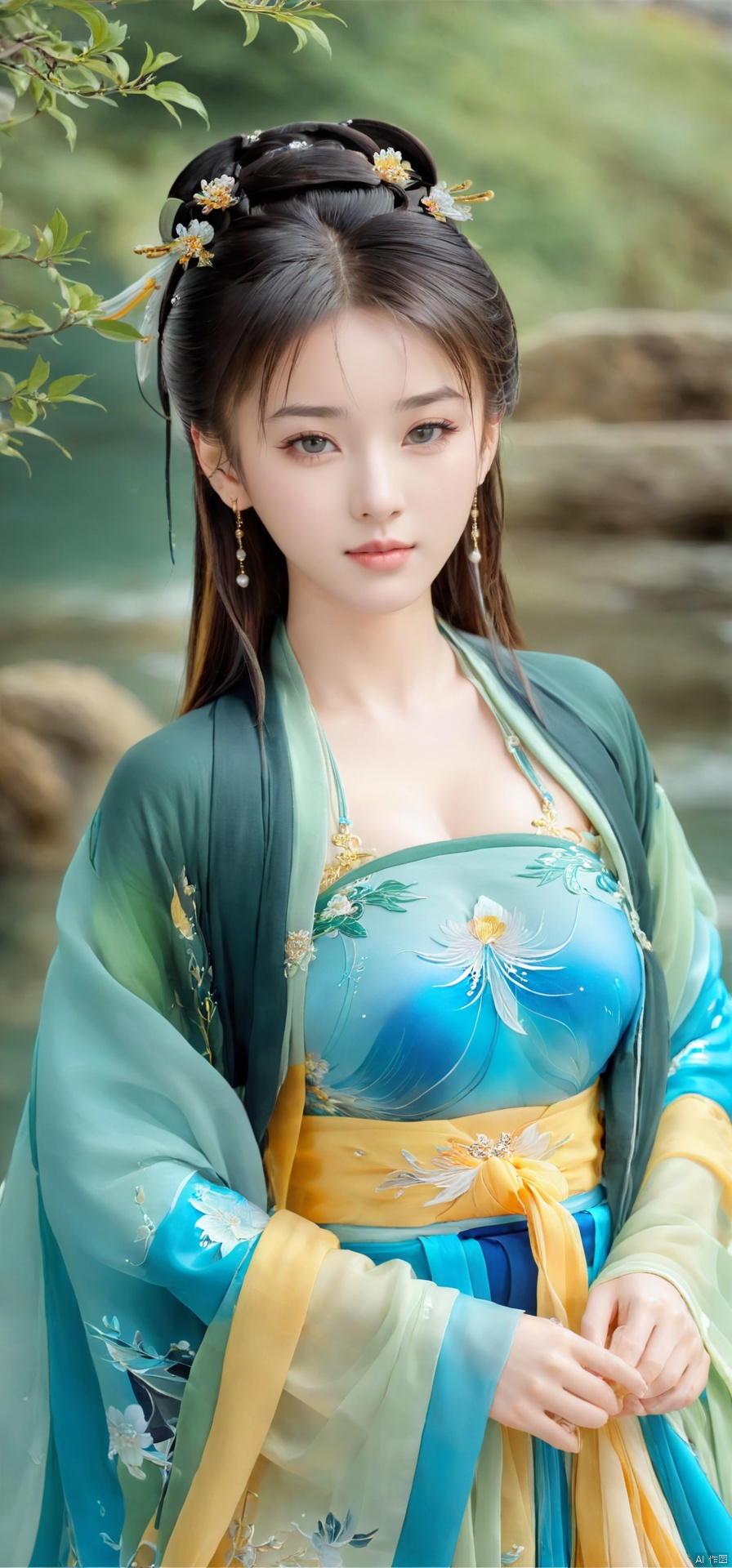  1girl,(((face focus))), ****_female,standing,daxiushan,daxiushan style,hanfu,
((upper_body)),full breasts, (((larger breasts:1.2))),long hair, eyes,Colored pupil,earrings,jewelry,(perfect face), shiny skin, 
(china jiangnan water town style),water, wet, 
masterpiece, best quality,depth of field, cinematic composition, best lighting,light master,RAW photo, dslr, film grain, Fujifilm XT3, night shot, light master, asian, hanfu, GUOFENG
