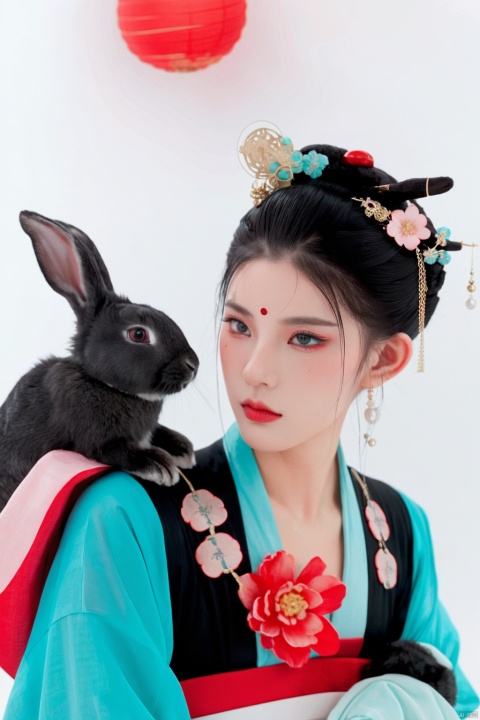  Illustration, digital art, anime style, hubggirl, red eyes, black hair, hair bun with accessories, traditional East Asian attire, black and teal clothing, cloud pattern on garment, mystical, two black rabbits, one on shoulder and one in foreground, pale skin, blush on cheeks, serious expression, white background, portrait, upper body shot, artful composition, detailed line art, vibrant color contrast., HUBG_Beauty_Girl