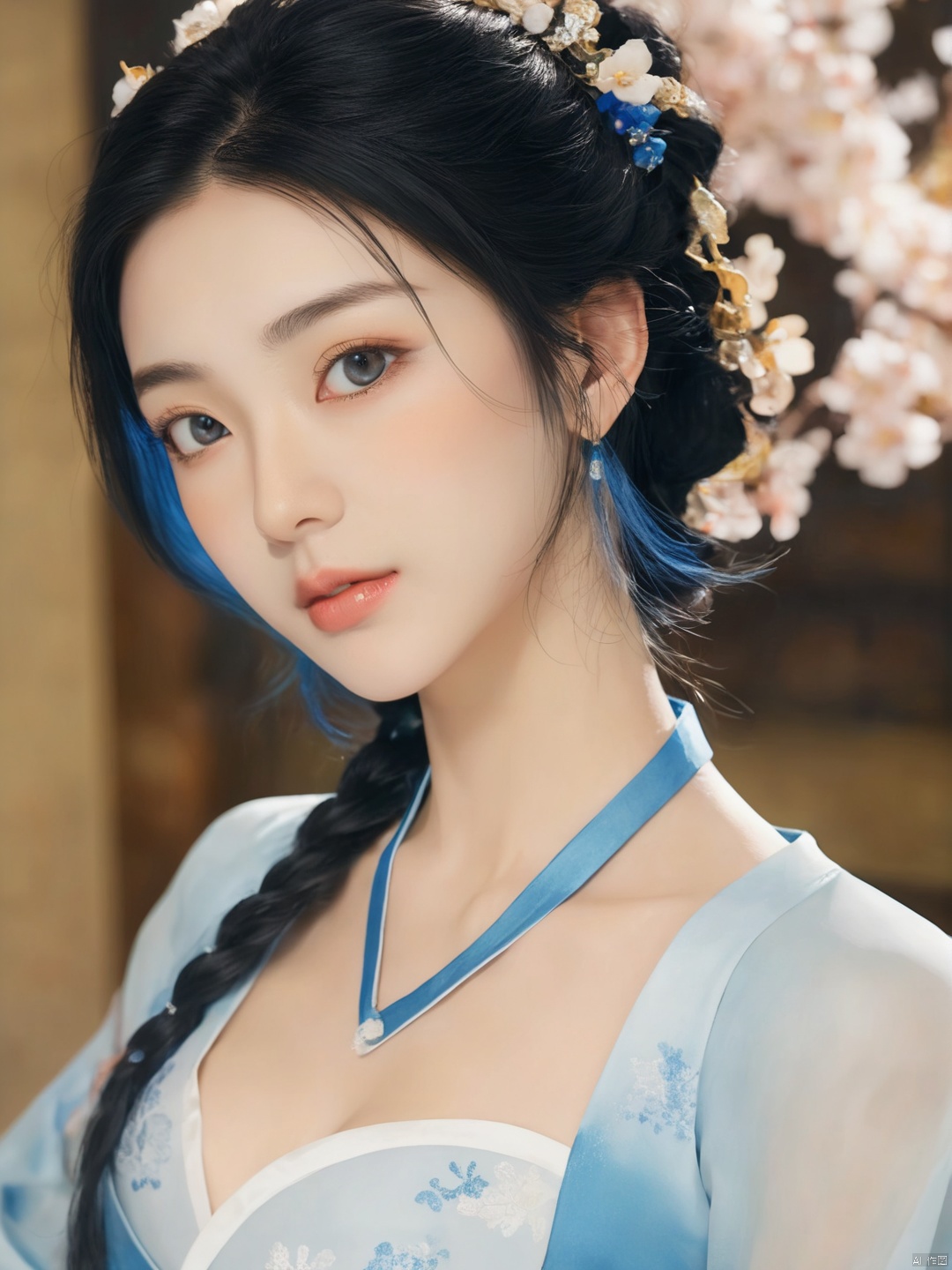  ((best quality)), ((masterpiece)), ((ultra-detailed)), extremely detailed CG, (illustration), ((detailed light)), (an extremely delicate and beautiful), a girl, solo, ((upper body,)), ((cute face)), expressionless,((upper_body:0.9)), full breasts, (medium breasts:1.2), (beautiful detailed eyes), blue eyes,black hair, shiny hair, colored inner hair, blue hair ornament, depth of field, (snowflake),daxiushan,daxiushan style,hanfu, g001, daxiushan, hanfu,MAJICMIX STYLE, MEINV,GUOFENG, HUBG_Beauty_Girl