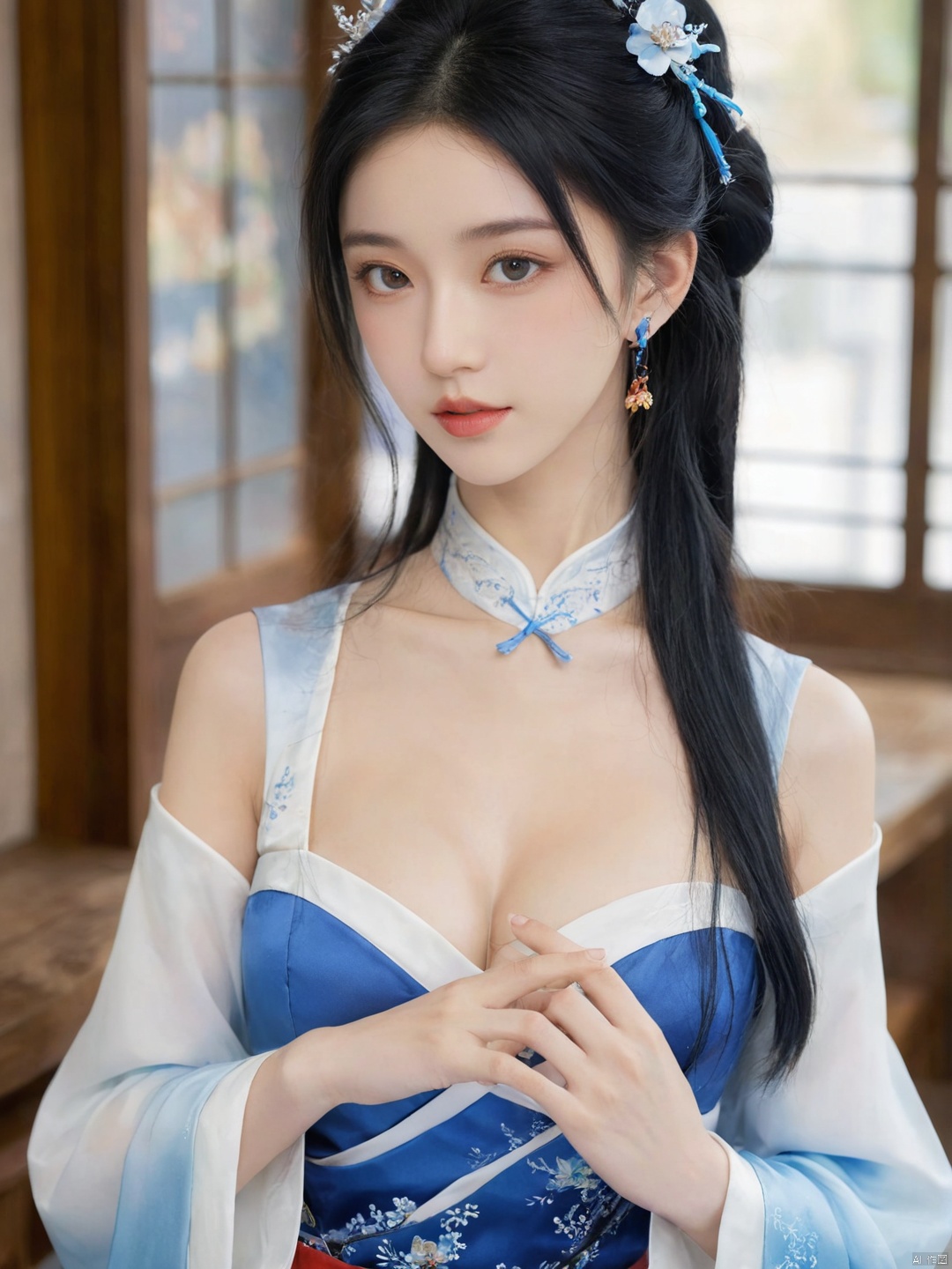  ((best quality)), ((masterpiece)), ((ultra-detailed)), extremely detailed CG, (illustration), ((detailed light)), (an extremely delicate and beautiful), a girl, solo, ((upper body,)), ((cute face)), expressionless,((upper_body:0.9)), full breasts, (medium breasts:1.2), (beautiful detailed eyes), blue eyes,black hair, shiny hair, colored inner hair, blue hair ornament, depth of field, (snowflake),daxiushan,daxiushan style,hanfu, g001, daxiushan, hanfu,MAJICMIX STYLE, MEINV,GUOFENG, HUBG_Beauty_Girl