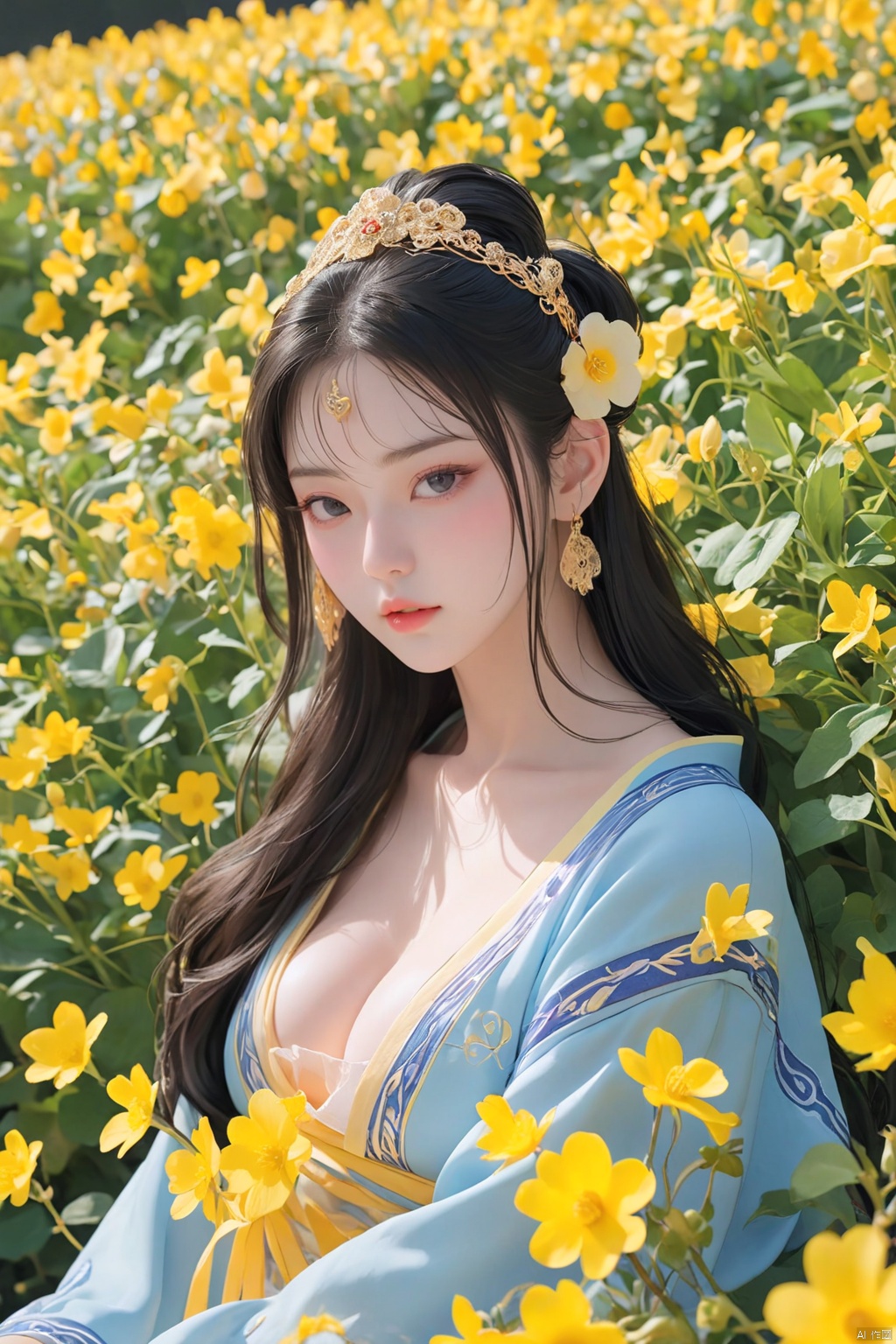 Enhanced, masterpiece, 16K, girl, Solo, Flower Field, rape flower, hair ornament, hanfu,(big breasts:1.36)MEINV,GUOFENG