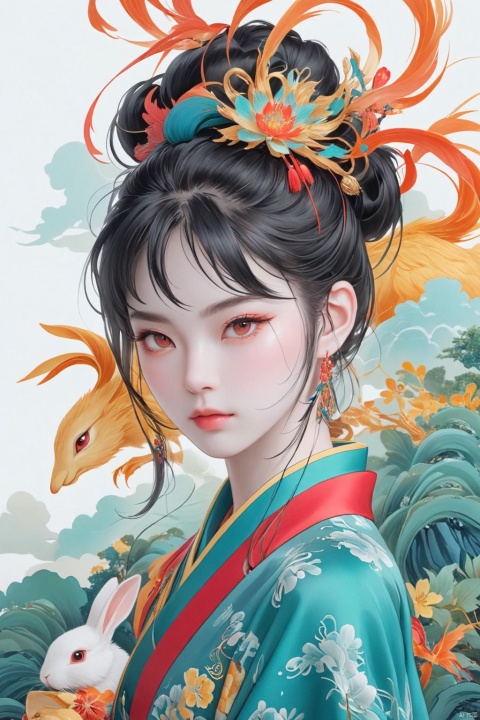 red eyes, black hair, hair bun with accessories, traditional East Asian attire, rabbit ears headpiece, black and teal clothing, cloud pattern on garment, mystical, two black rabbits, one on shoulder and one in foreground, pale skin, blush on cheeks, serious expression, white background, portrait, upper body shot, artful composition, vibrant color contrast., GUOFENG