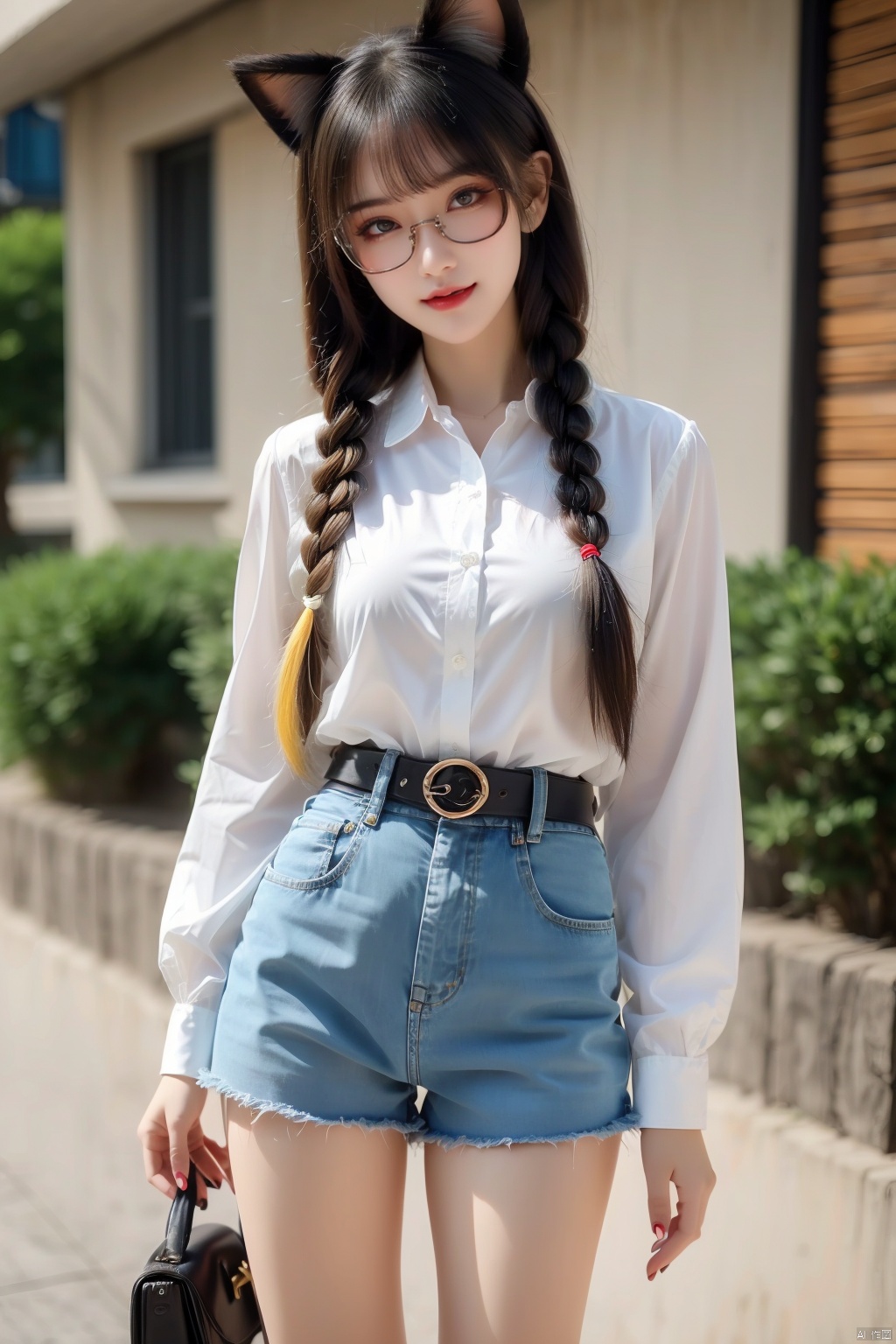 1girl, solo, long hair, looking at viewer, smile, open mouth, bangs, blue eyes, shirt, black hair, long sleeves, hat, bow, animal ears, standing, tail, yellow eyes, braid, white hair, hair bow, multicolored hair, cowboy shot, glasses, shorts, striped, belt, cat ears, nail polish, twin braids, two-tone hair, cat tail, animal ear fluff, short shorts, black headwear, black bow, heterochromia, denim, cat girl, baseball cap, blue nails, denim shorts, striped shirt, round eyewear