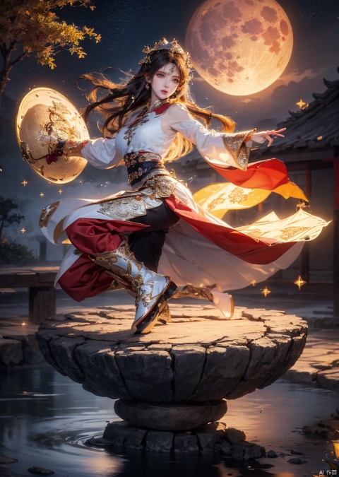  zhongfenghua,1girl,moon,esoteric,depth of field, (floating colorful sparkles), (dynamic pose),elegant, a brutalist designed, vivid colours, romanticism, Samoan pond,Fall, expressive brush strokes, Swirling, Daofa Rune, 1girl
