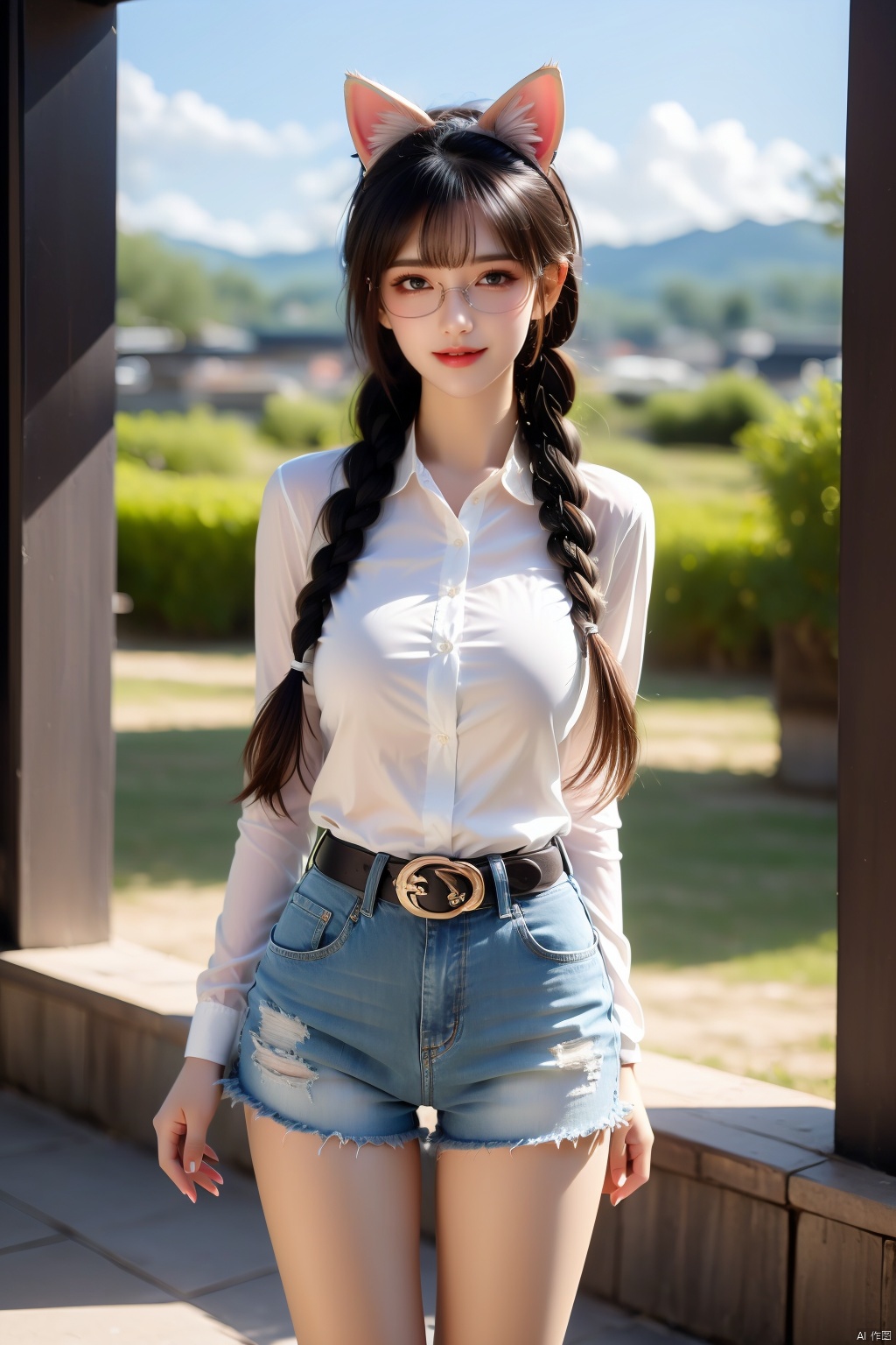 1girl, solo, long hair, looking at viewer, smile, open mouth, bangs, blue eyes, shirt, black hair, long sleeves, hat, bow, animal ears, standing, tail, yellow eyes, braid, white hair, hair bow, multicolored hair, cowboy shot, glasses, shorts, striped, belt, cat ears, nail polish, twin braids, two-tone hair, cat tail, animal ear fluff, short shorts, black headwear, black bow, heterochromia, denim, cat girl, baseball cap, blue nails, denim shorts, striped shirt, round eyewear