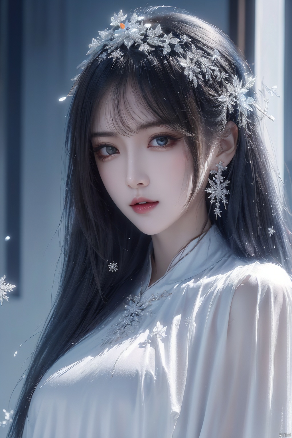  ((best quality)), ((masterpiece)), ((ultra-detailed)), extremely detailed CG, (illustration), ((detailed light)), (an extremely delicate and beautiful), a girl, solo, ((upper body,)), ((cute face)), expressionless, (beautiful detailed eyes), full breasts, (medium breasts:1.2), blue dragon eyes, (Vertical pupil:1.2), white hair, shiny hair, colored inner hair, [Armor_dress], blue_hair ornament, ice adorns hair,depth of field, [ice crystal], (snowflake), yue , hair ornament , hanfu, dofas, chijian, (\shuang hua\), 1girl