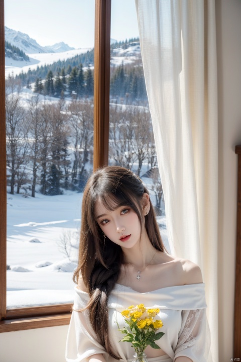  (masterpiece, best quality),Snow falls outside the window of a girls room. BREAK A girl with a sad expression sits on the bed, leaning against the wall. She is wrapped in a white blanket with orange flowers. Her long brown hair covers her ears. Her hands are hidden inside the blanket. BREAK The window is open, with a wooden frame and a white curtain on the left. Snow is piled up on the frame. Below the window, there is a small vase with a red flower. BREAK The girl looks at the snowy landscape, with snow-covered roofs, forest and mountains. The mood is lonely and peaceful., Anime,Enhanced All,ghibli,illustrator,sticker design, 1girl